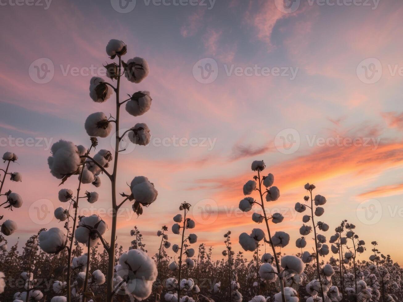 Agricultural landscape with cotton plants and sunset sky. photo