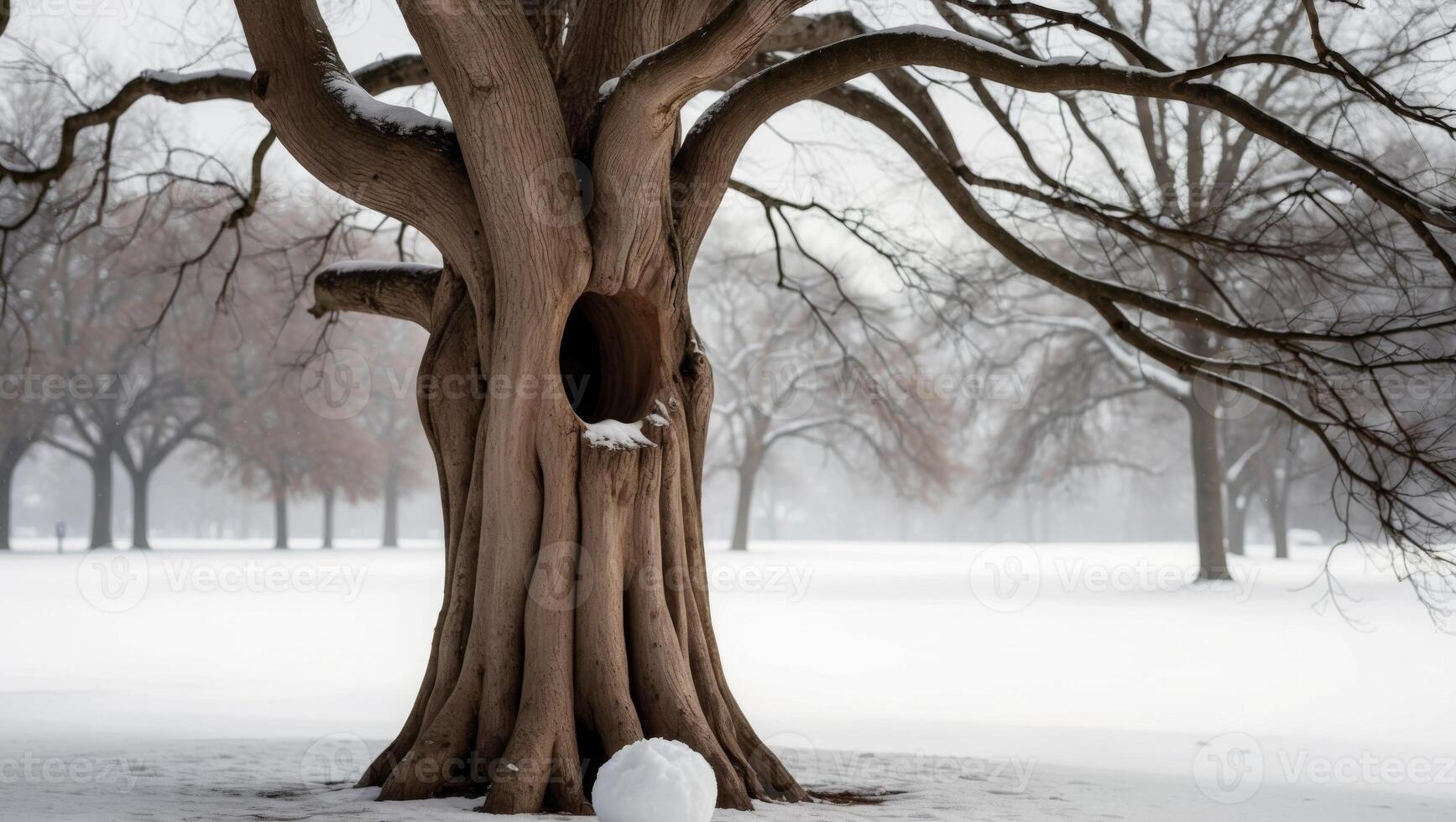 A snowball resting near the base of a tree with a hollow trunk in a snowy park. photo