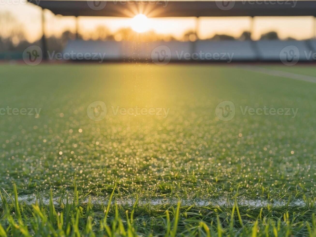 A serene view of a sunlit sports field with sparkling dew on the grass at sunset. photo