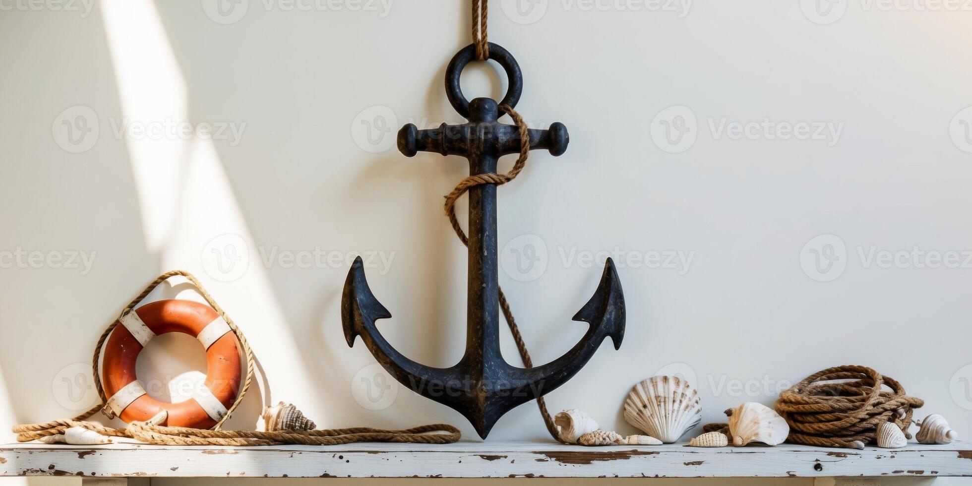Antique Anchor Hanging on a Wooden Shelf with Nautical Decor. photo