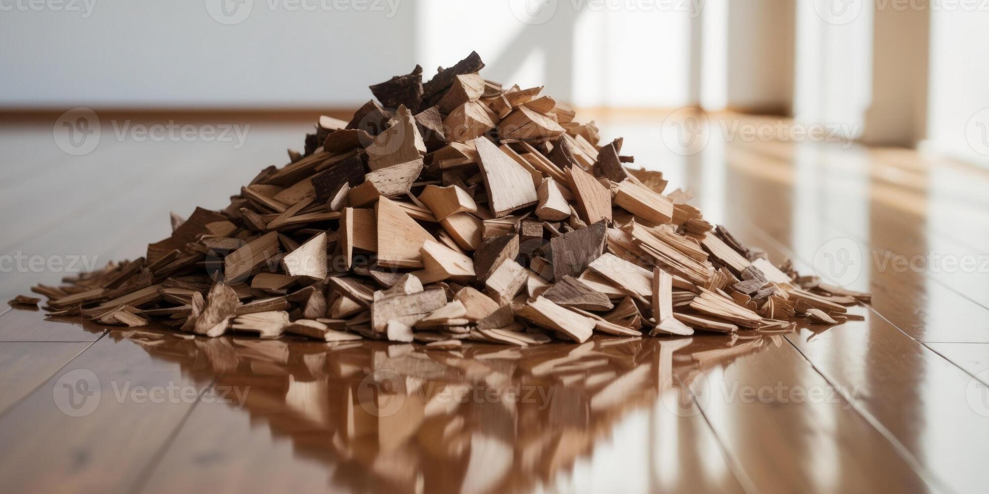A pile of wood chips sits on a wooden floor. photo