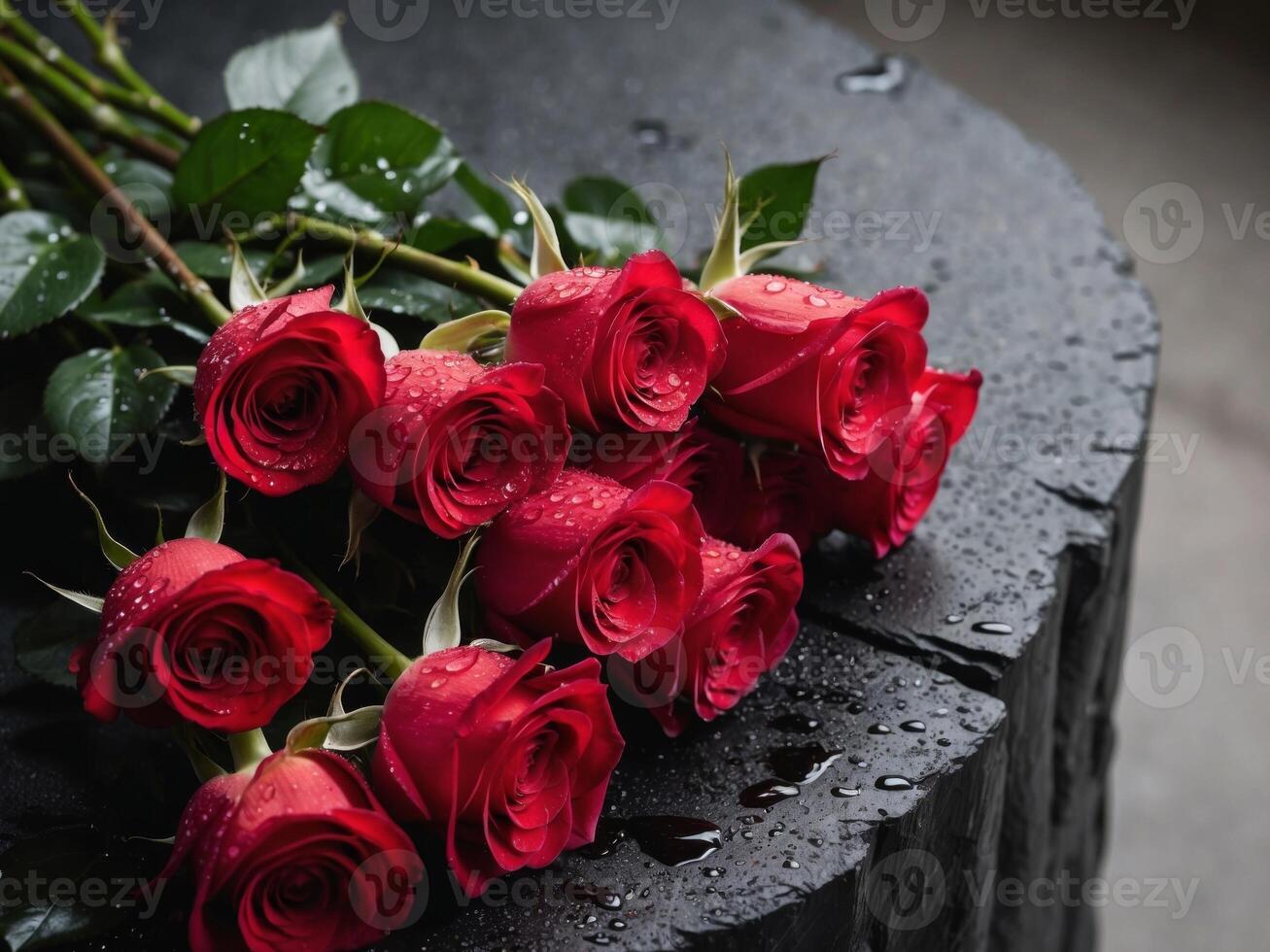 A bouquet of fresh red roses with droplets on dark textured surface. photo