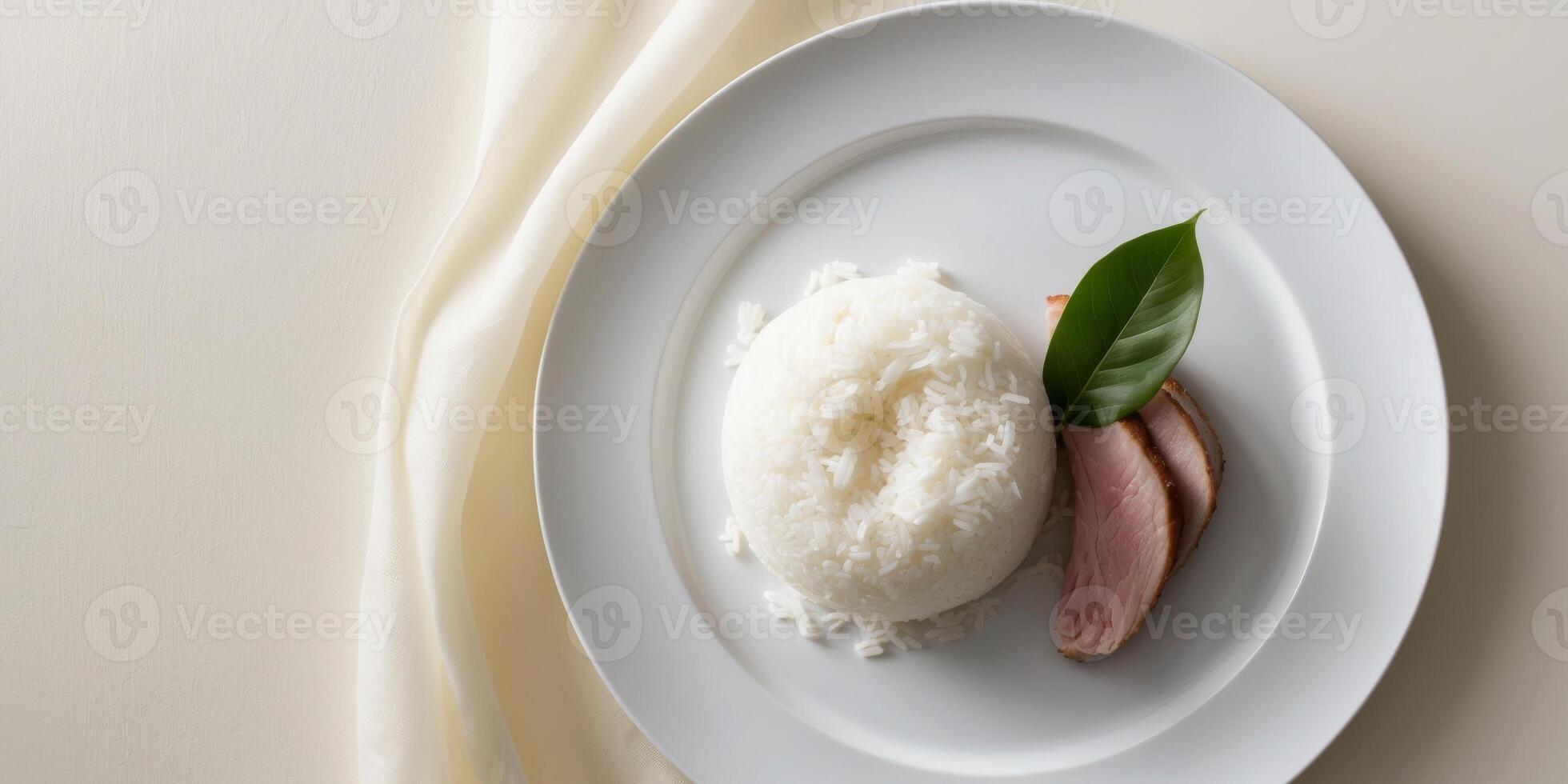 A plate of rice and meat with a green leaf on top. photo