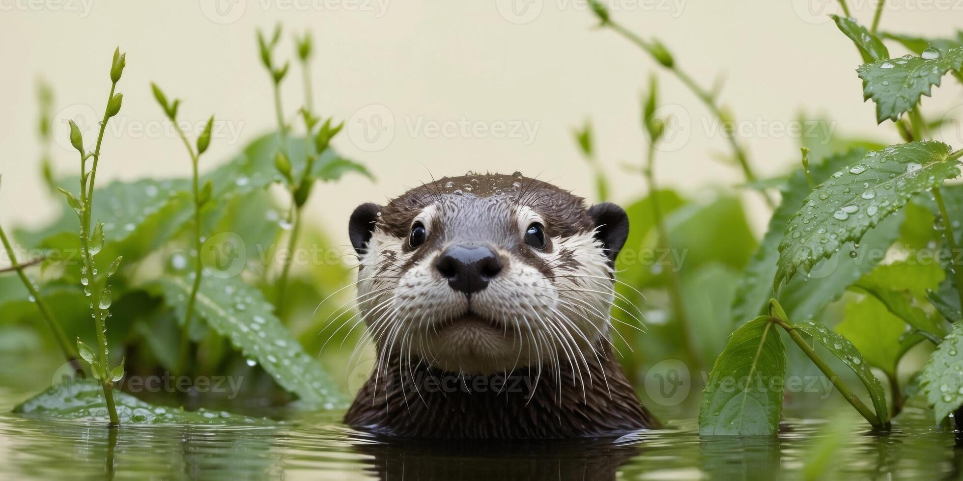 A Wet Otter Peeking Out From a Pond in Lush Green Foliage. photo