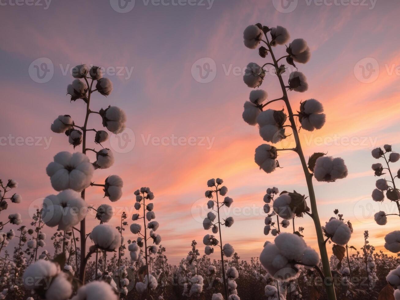 Agricultural landscape with cotton plants and sunset sky. photo