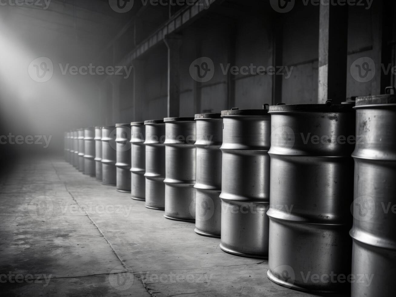 Rows of industrial steel drums in a warehouse. photo