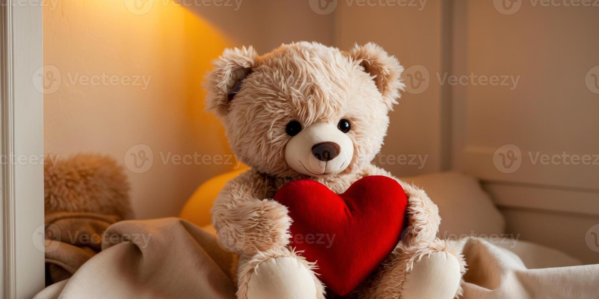 Teddy bear holding red heart in cozy room with warm lighting. photo
