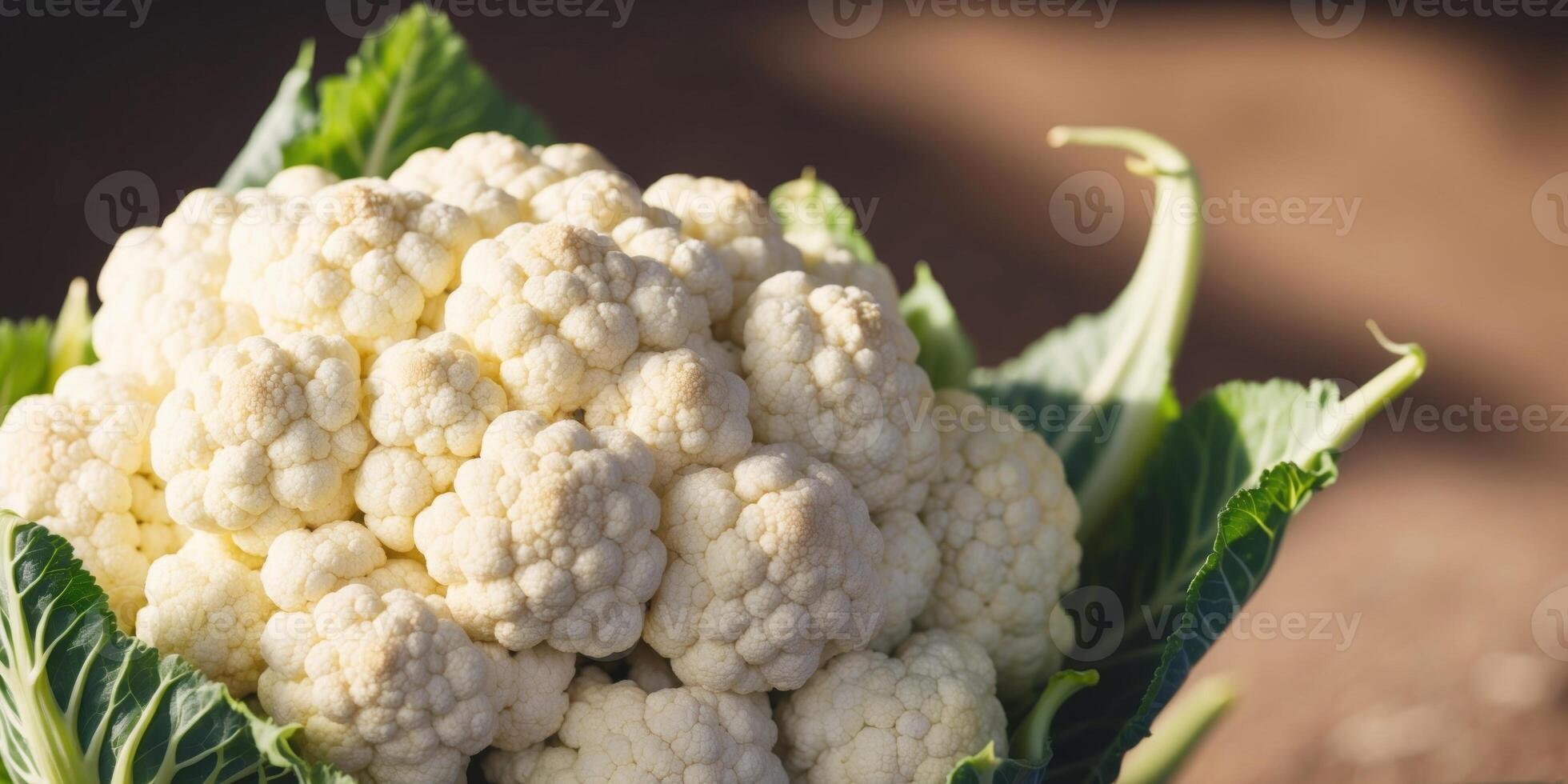 A close up of a head of cauliflower growing in a garden. photo
