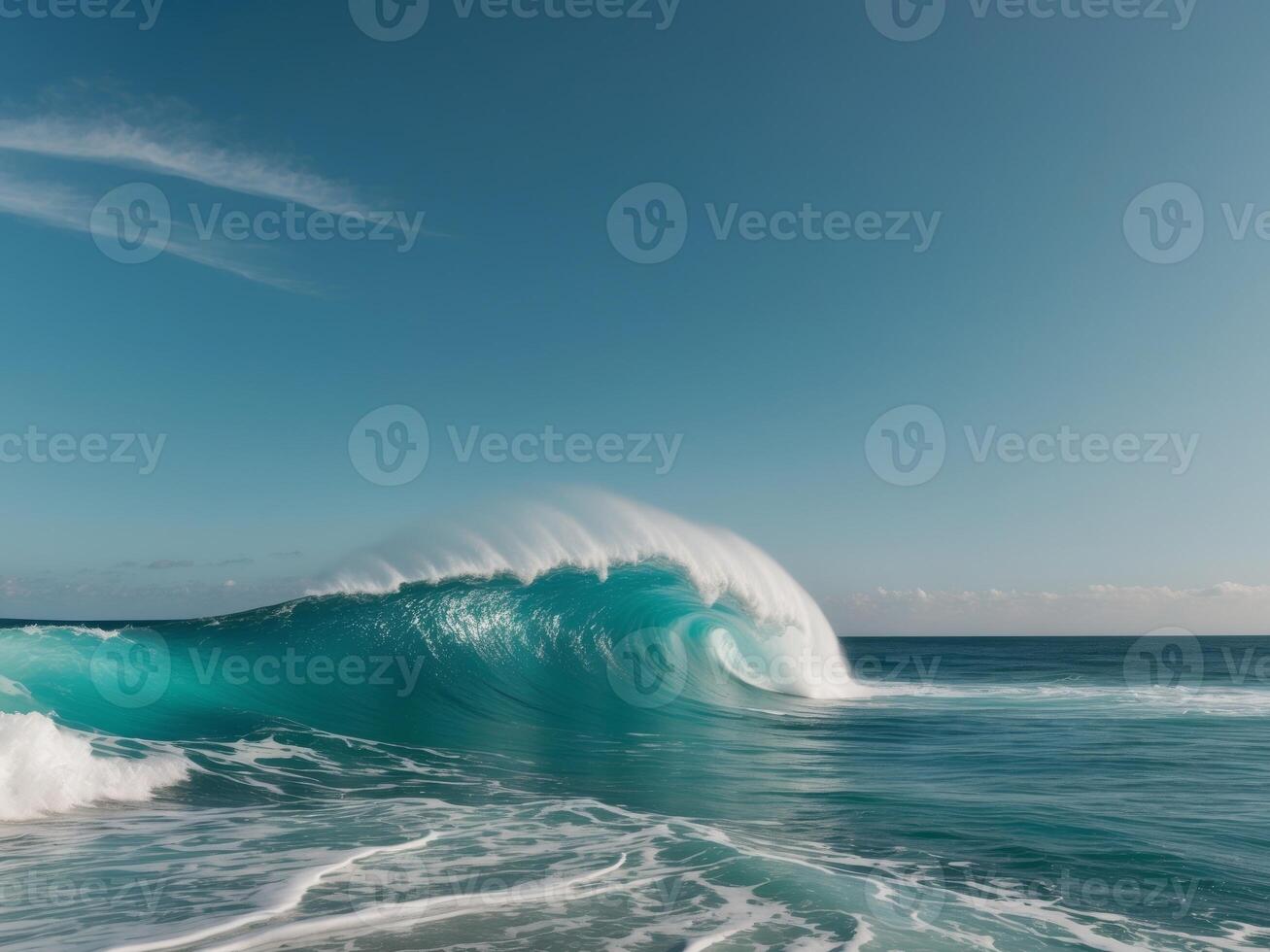 Turquoise ocean wave crashing in serene blue sea under clear sky creating a refreshing coastal scene. photo