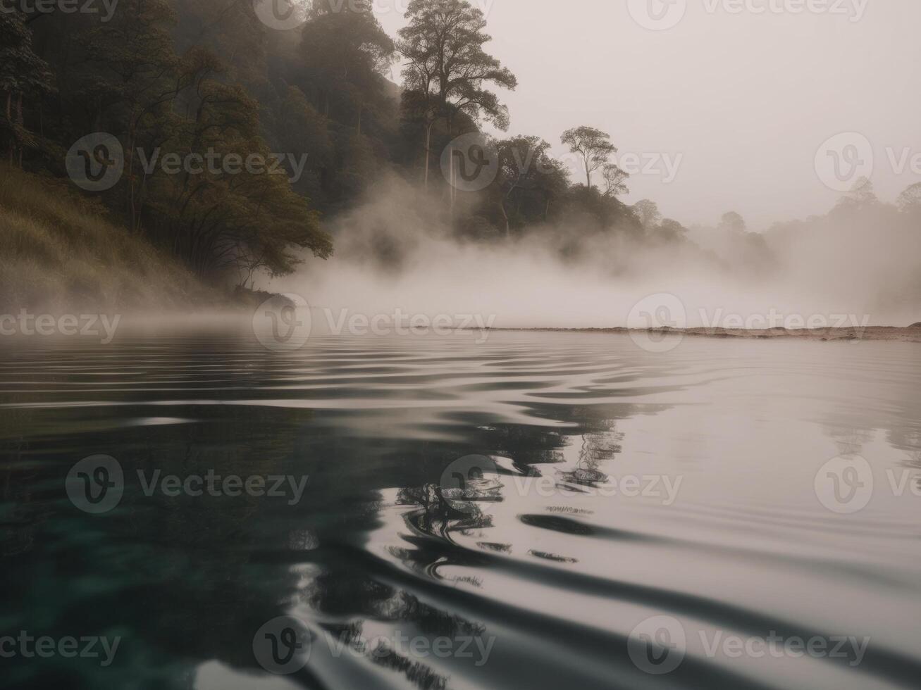 Tranquil Hot Spring with Rippling Water and Misty Atmosphere in a Serene Natural Setting. photo