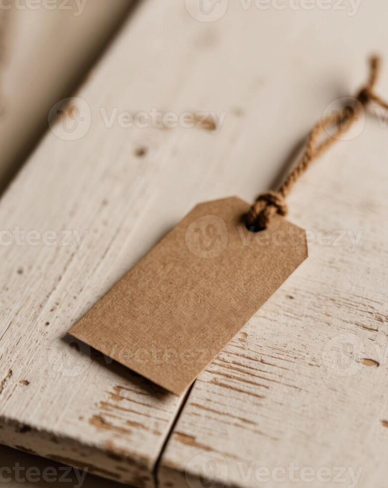Rustic Kraft Paper Tag With String Loop on Textured Wood Surface in Natural Light. photo