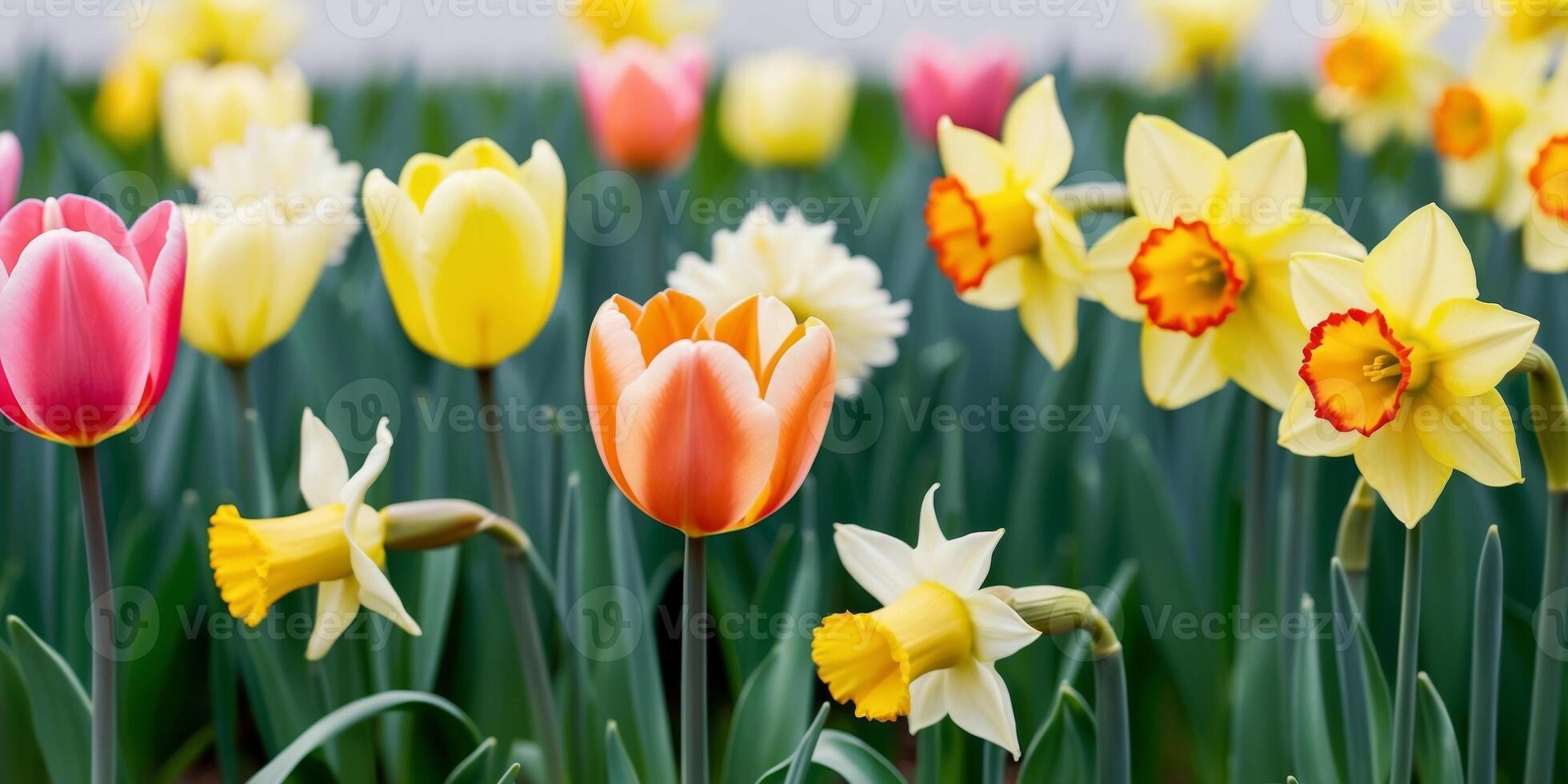 Vibrant Spring Border Tulips and Daffodils in Lush Green Grass - Perfect for Springtime Designs and Celebrations. photo