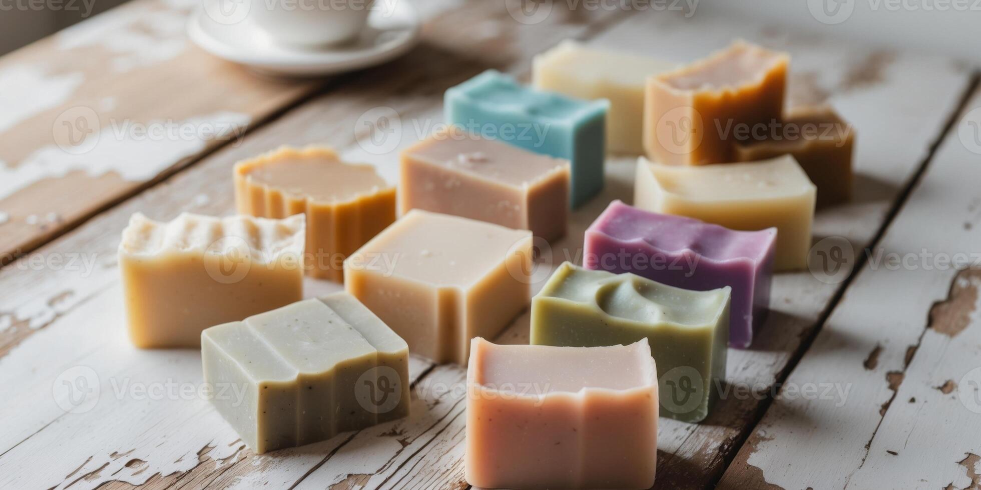 Assorted Colorful Homemade Soap Bars on Rustic Wooden Surface. photo