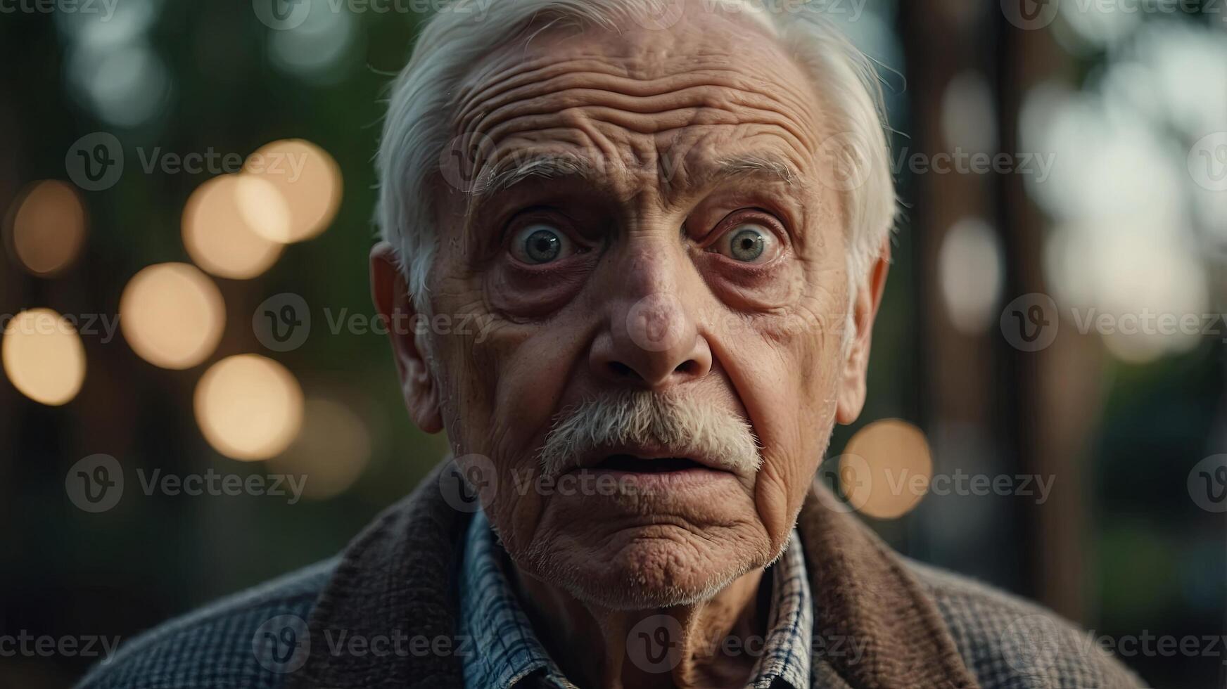 An older man with a mustache looks surprised photo