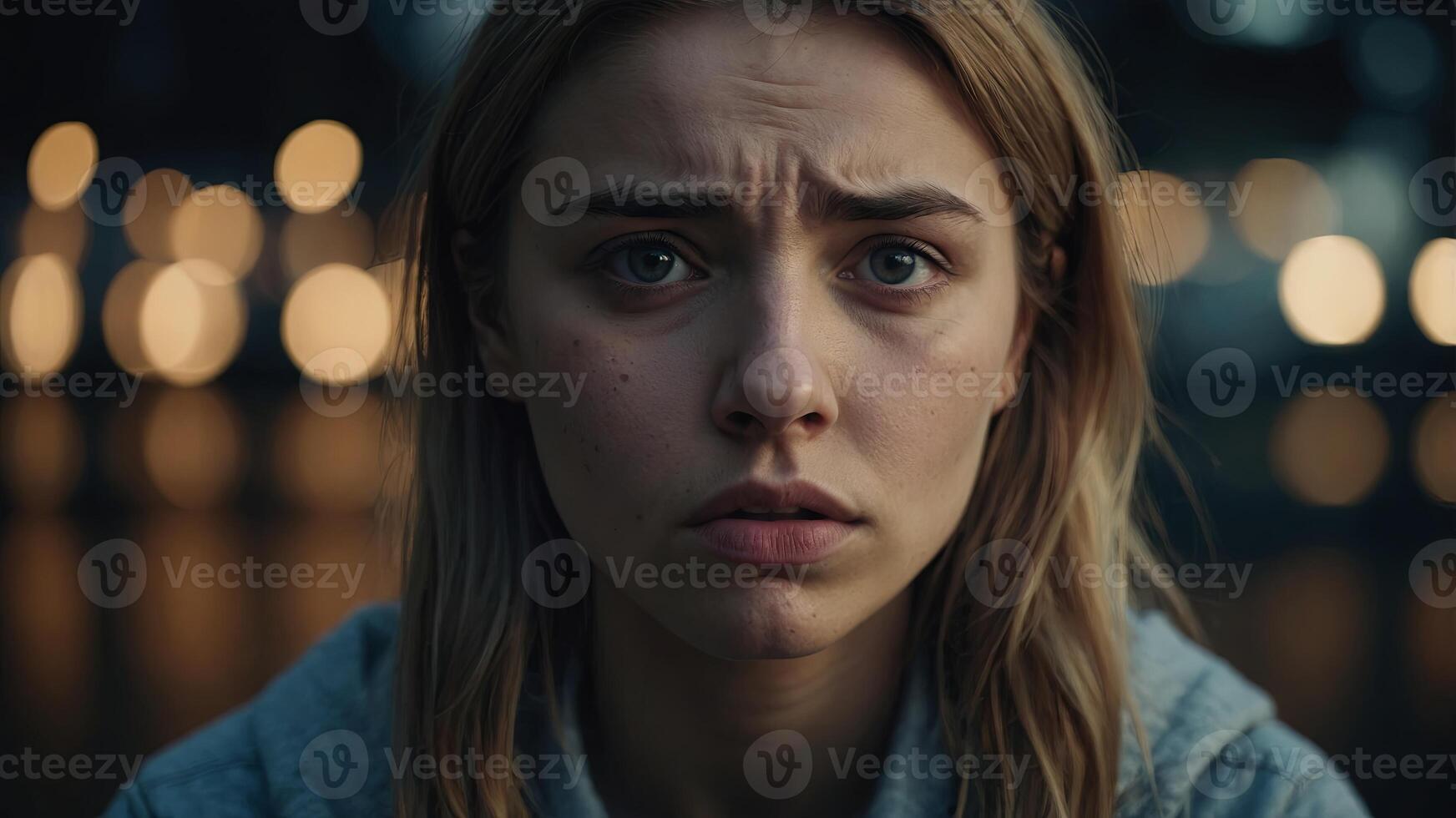 A woman with a sad face looking at the camera photo