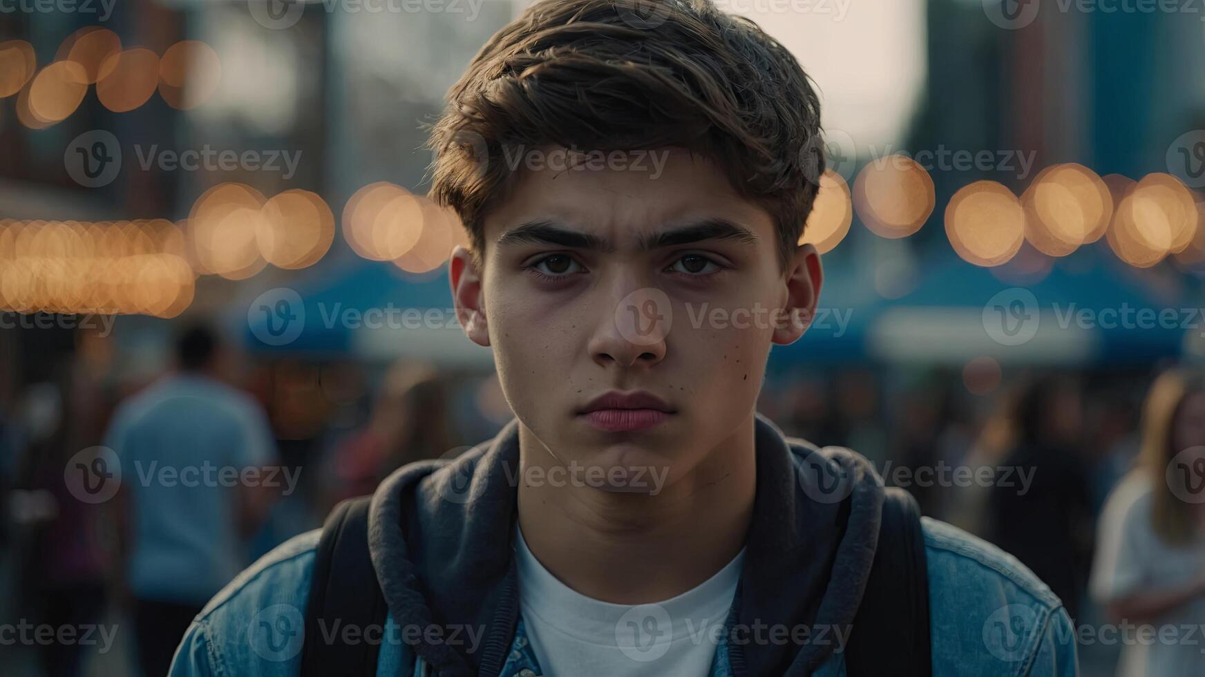 A young man is looking at the camera in a crowded city photo
