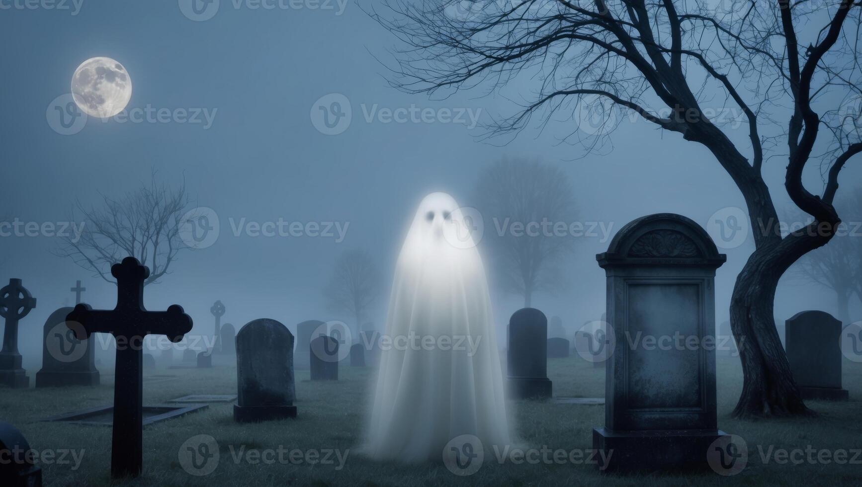 A ghostly figure is standing in a graveyard photo
