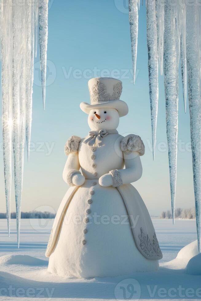 A snowman in a top hat and dress standing in front of icicles photo