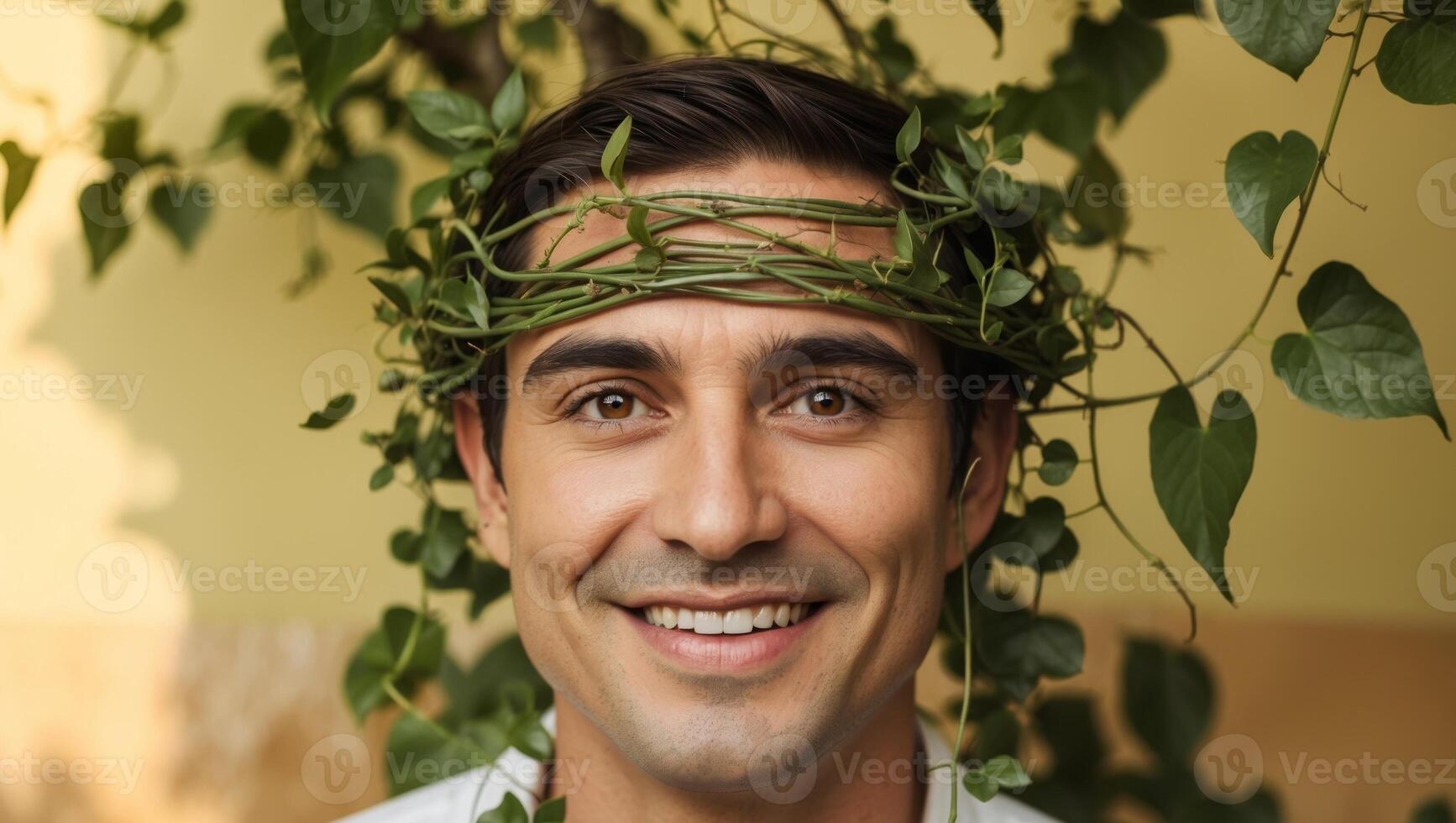A man with a wreath of green leaves on his head photo