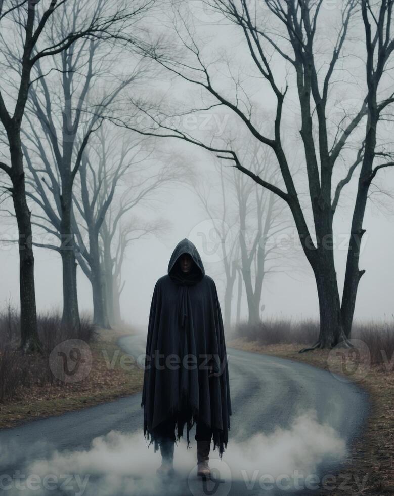 A man in a hooded cloak standing on a road in the fog photo