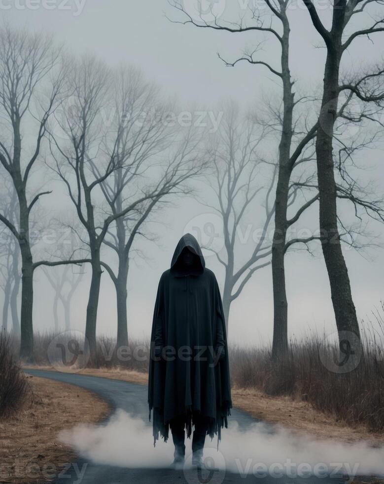 A man in a hooded cloak standing on a road in the fog photo
