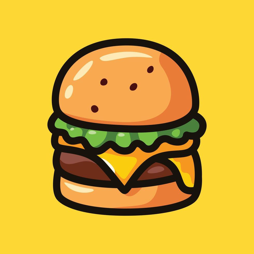 Delicious Cartoon Cheeseburger with Lettuce and Cheese on Yellow Background vector