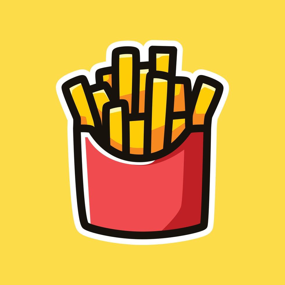 Cartoon French Fries in Red Box on Yellow Background - Fun Food Illustration vector