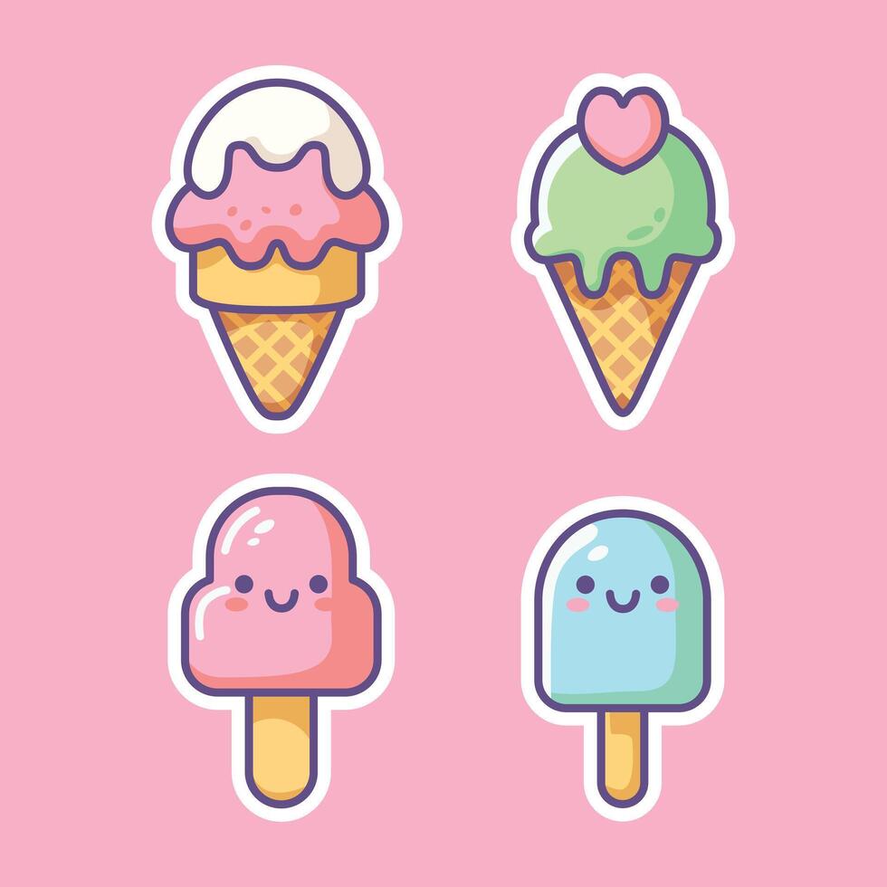 Cute Cartoon Ice Cream Cones and Popsicles with Smiling Faces vector