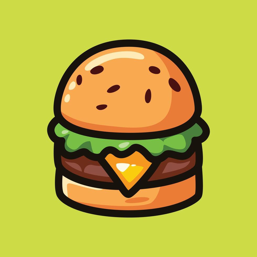Cartoon Cheeseburger Illustration with Lettuce and Cheese on Green Background vector