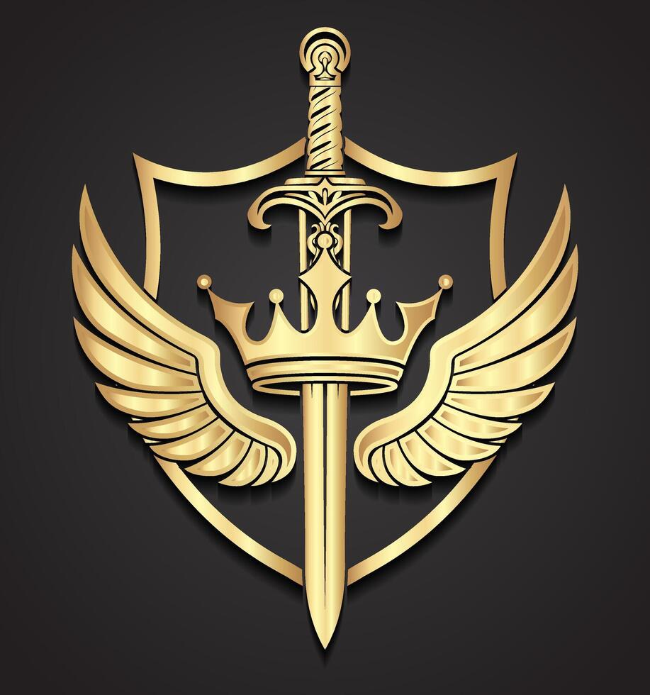 3d gold heraldry symbol with winged crown and sword logo vector