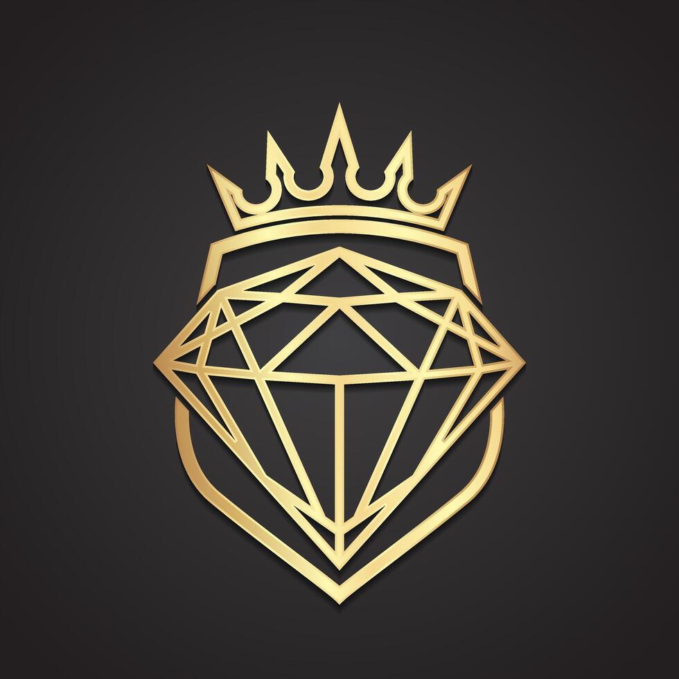 diamond shape with shield and crown 3d gold metal illustration logo vector