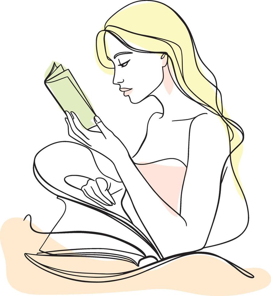 Simple Pastel Colors Illustration of a Girl Engrossed in a Book vector