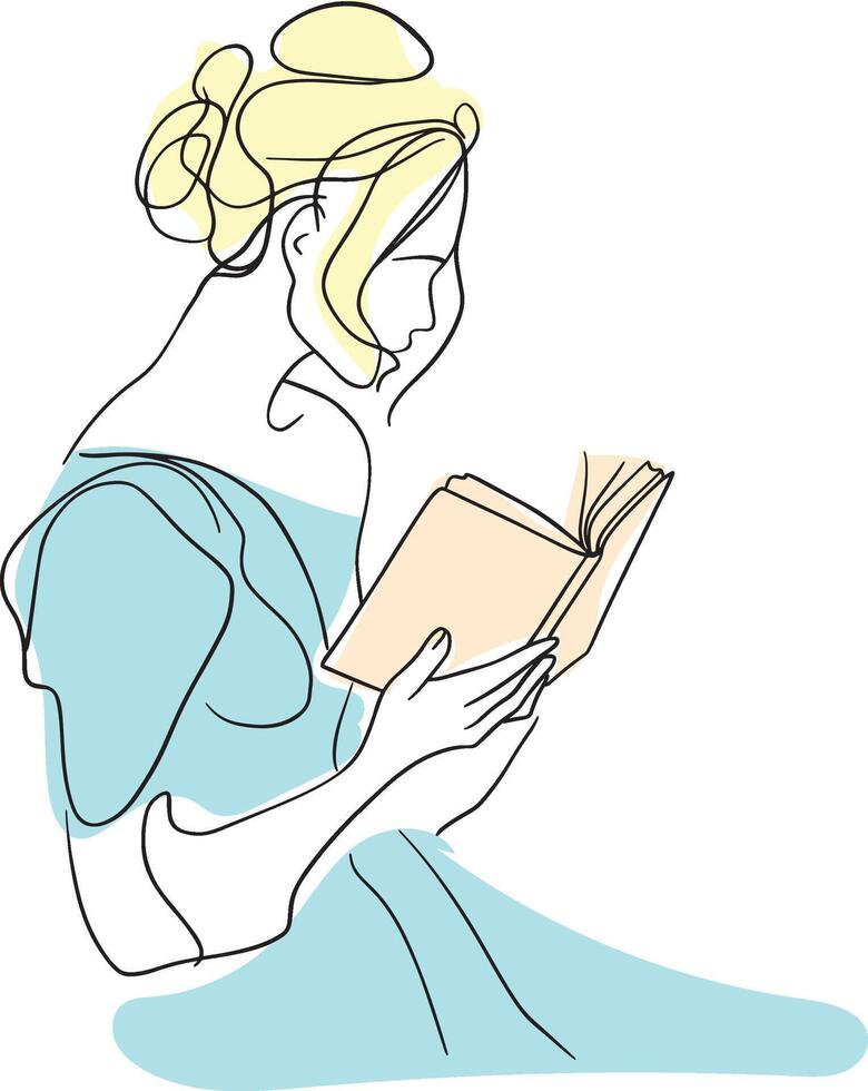 Minimalist Artistic Line Drawing of a Girl Reading in Pastel Colors vector