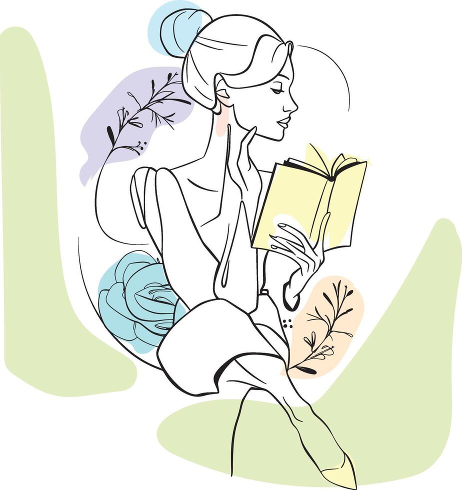 Minimalist Pastel Design of a Girl Reading a Book - Line Drawing vector