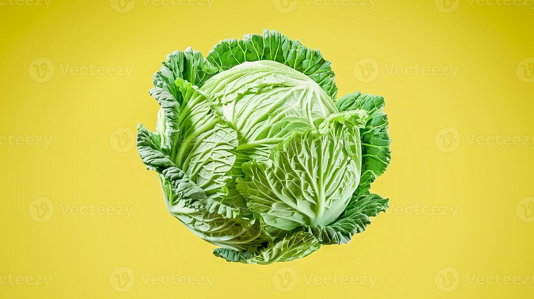 Fresh Green Cabbage on Vibrant Yellow Background Perfect for Healthy Campaign photo