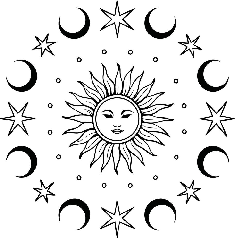 A mystical outlined illustration with a sun and a moon. vector