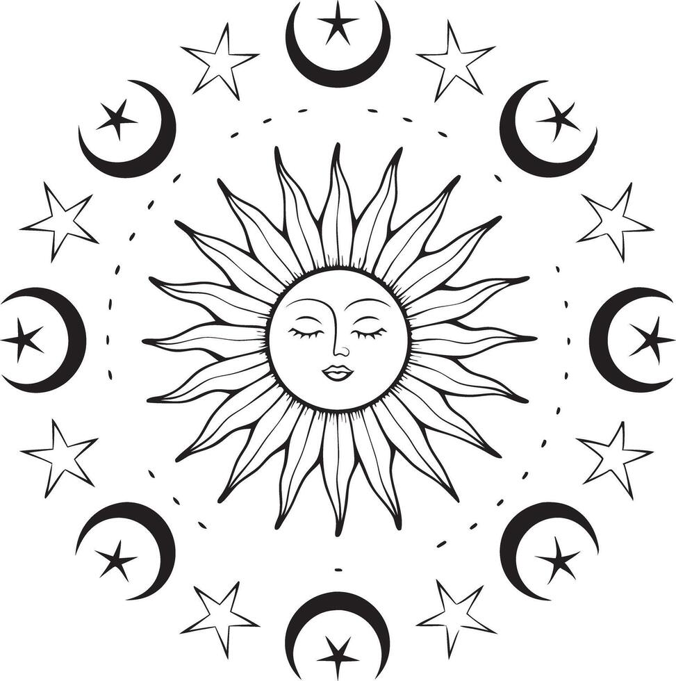 Boho Sun and moon. celestial elements vector