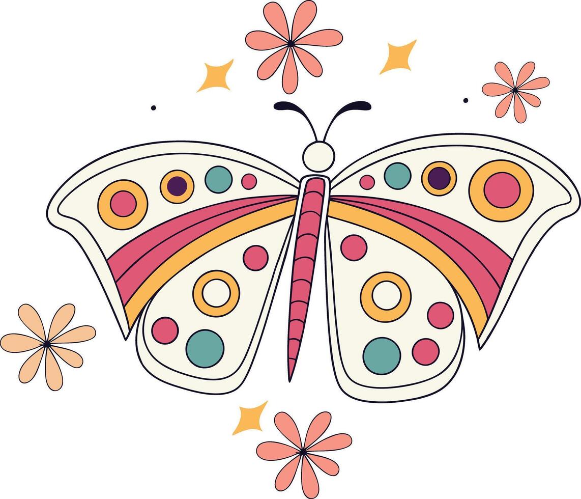 Boho Butterfly Groovy butterfly. Boho Summer retro colour vector