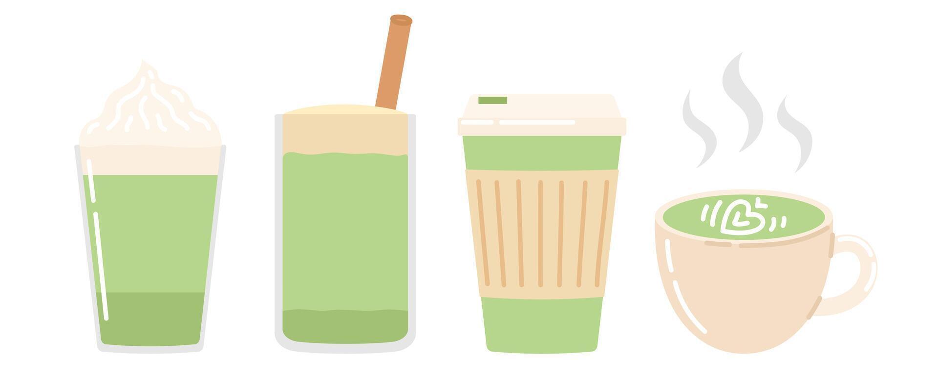 Matcha latte. Japanese matcha green tea ceremony. Flat illustration isolated on white background vector