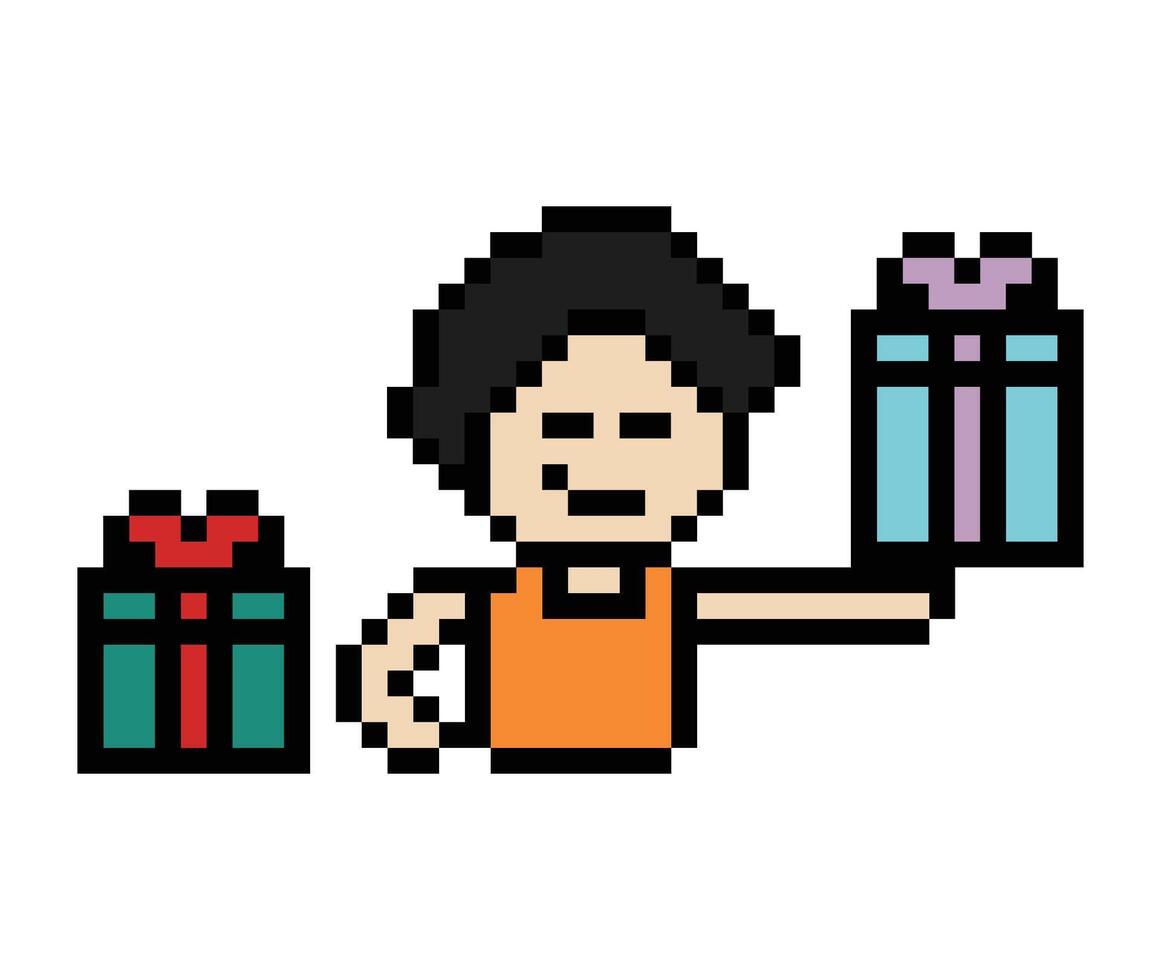 8-bit concept of man male and boy give or show giftbox gift box shopping christmas day cute cartoon. vector
