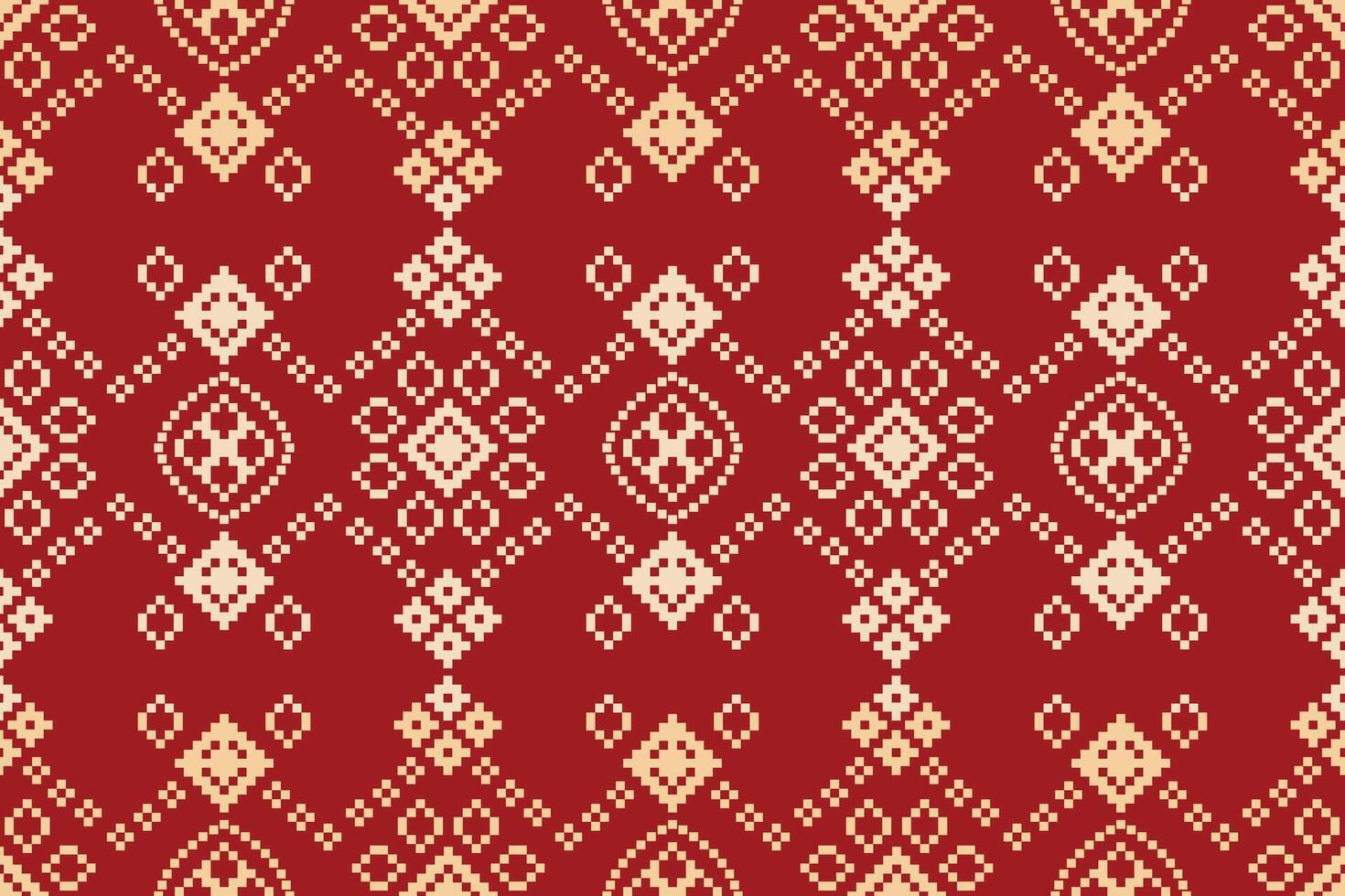 Ethnic pixel pattern cross stitch with red color background fabric pattern pixel design. vector