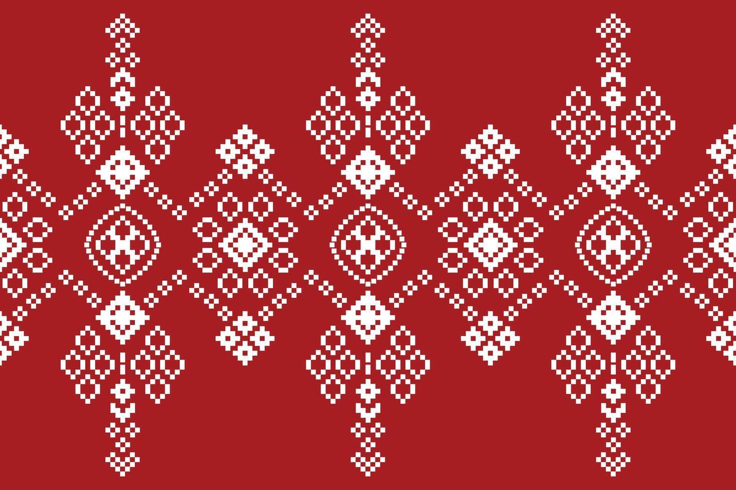 Red color ethnic pixel pattern design red background fabric pattern wallpaper. vector