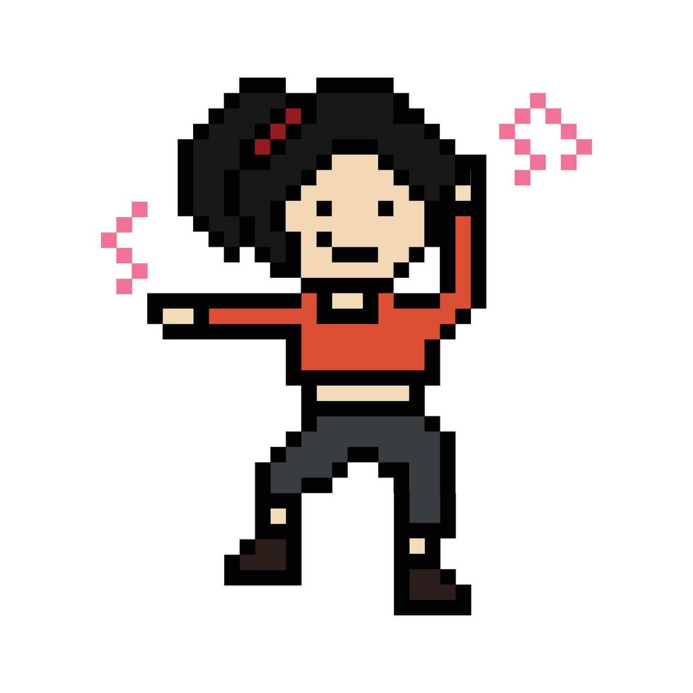 Cartoon 8 bit woman female girl or lady smile happy cartoon pixel art dance exercise music gym happy vector
