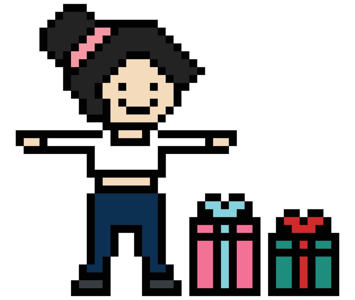 8-bit concept of woman female lady girl give or show giftbox gift box shopping christmas day cute cartoon. vector