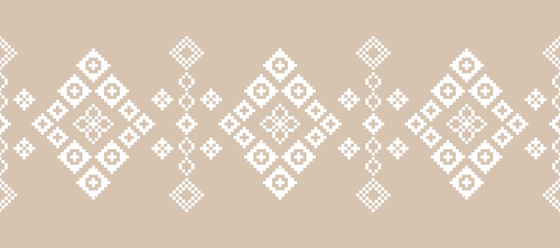 Brown cream color background fabric pattern motif cross stitch ethnic pattern art. vector
