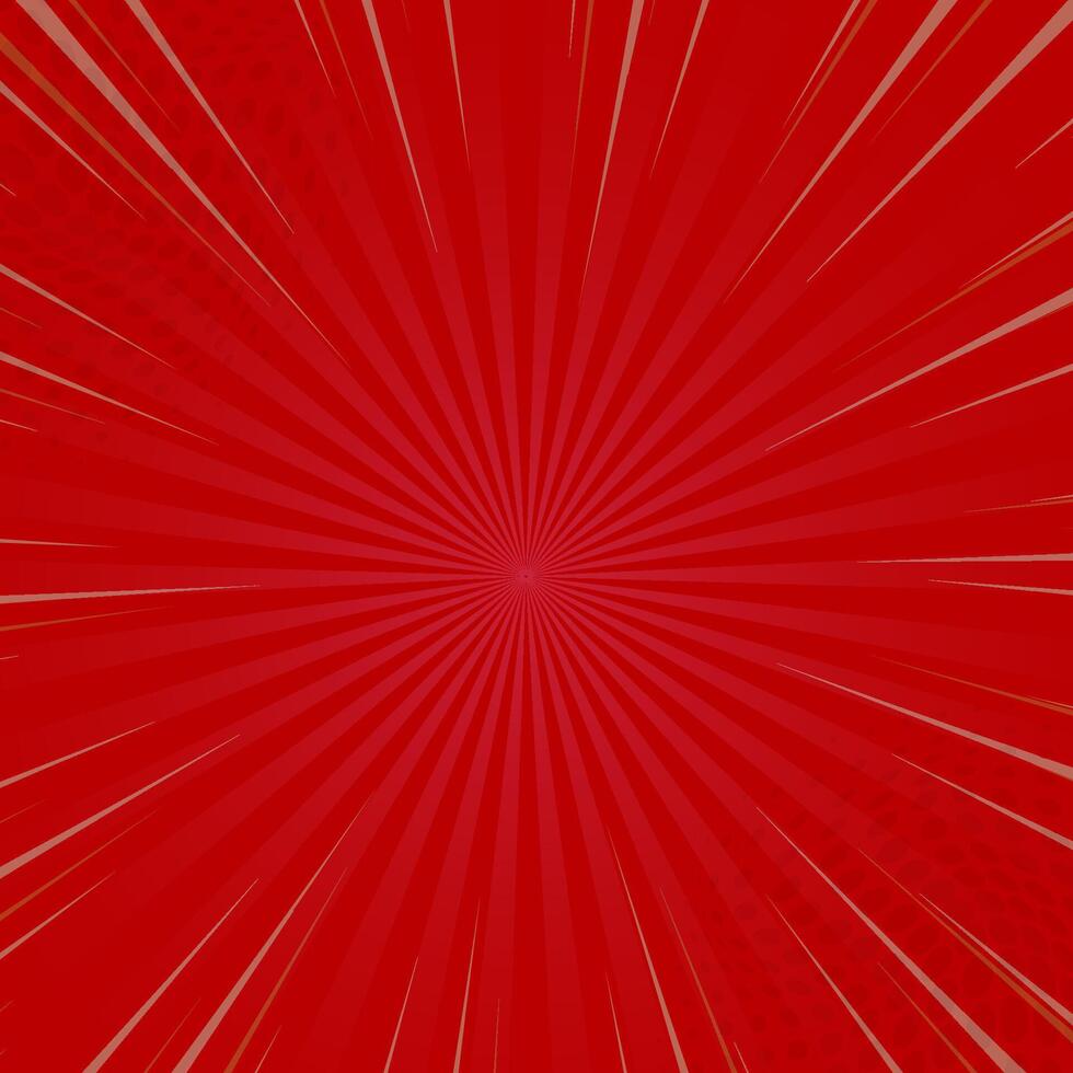 Pop art red burst background. Sunbeam comic book radial lines superhero action explosion lightning blast vertical backdrop halftone dots. Anime manga retro vintage background illustration. vector