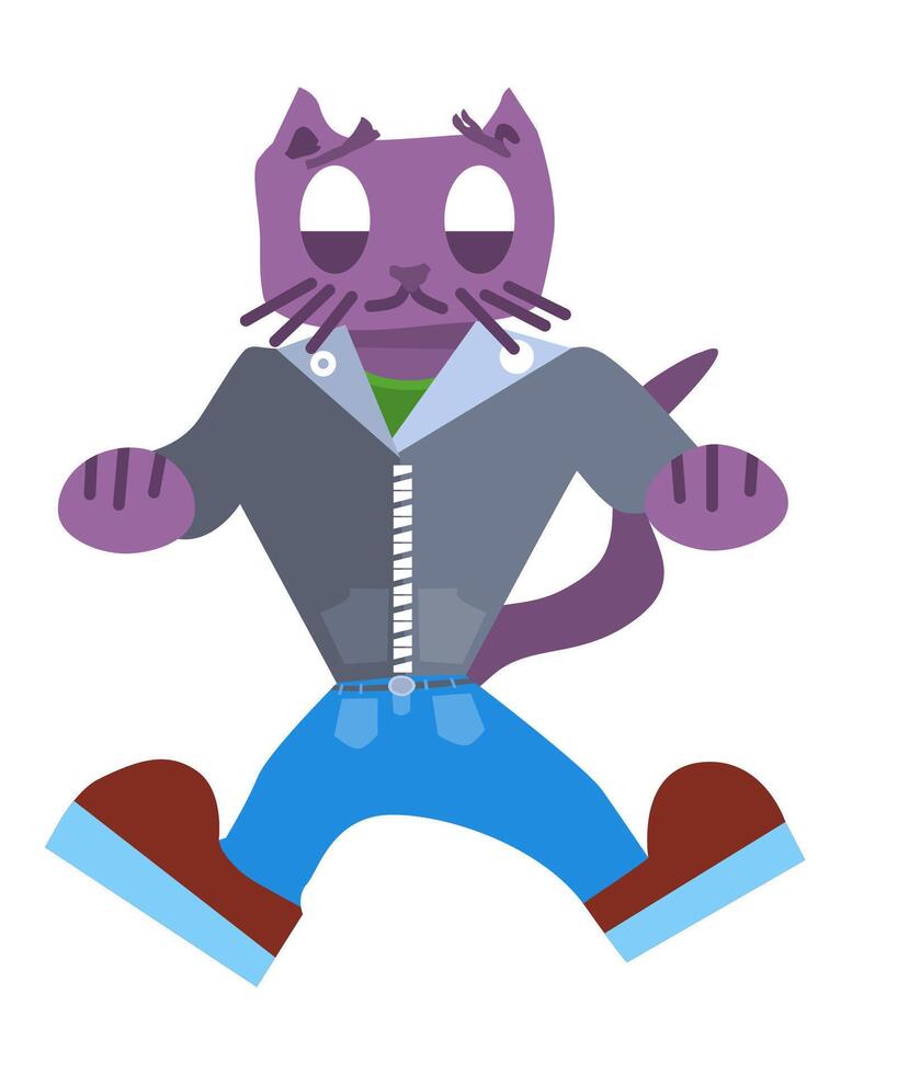 purple cat character in biker jacket. stock vector