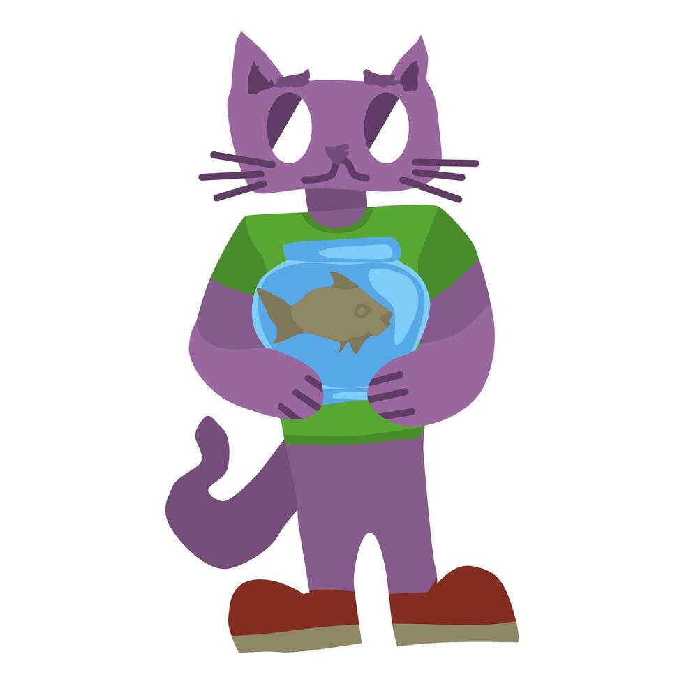 purple cat with aquarium with fish character with vector