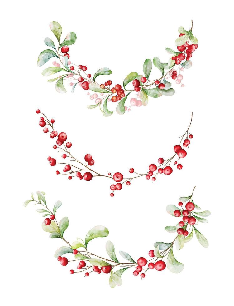 Set of Merry Christmas berries and branches watercolor vector