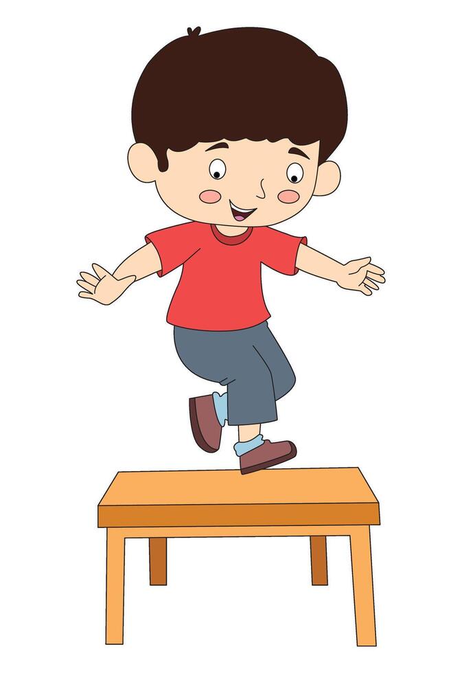 Cute boy jumping table high with arms wide open illustration vector